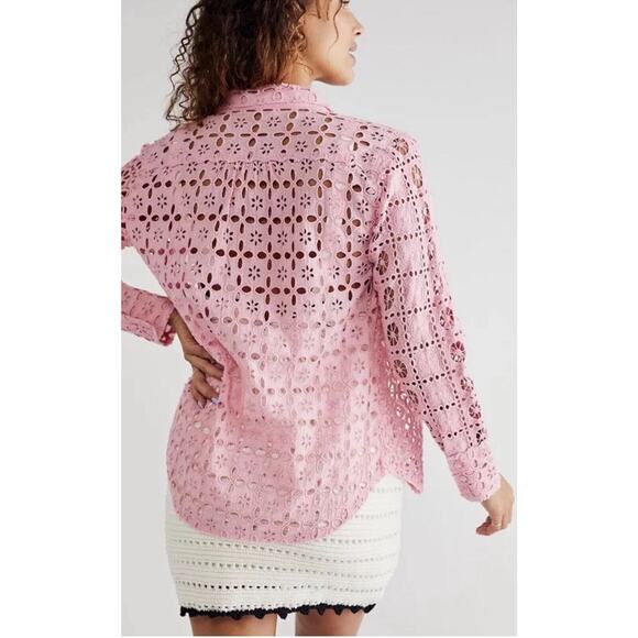 Free People Shirt Womens Small Pink Yesenia Shacket Casual Crochet Festival Top - Picture 3 of 11